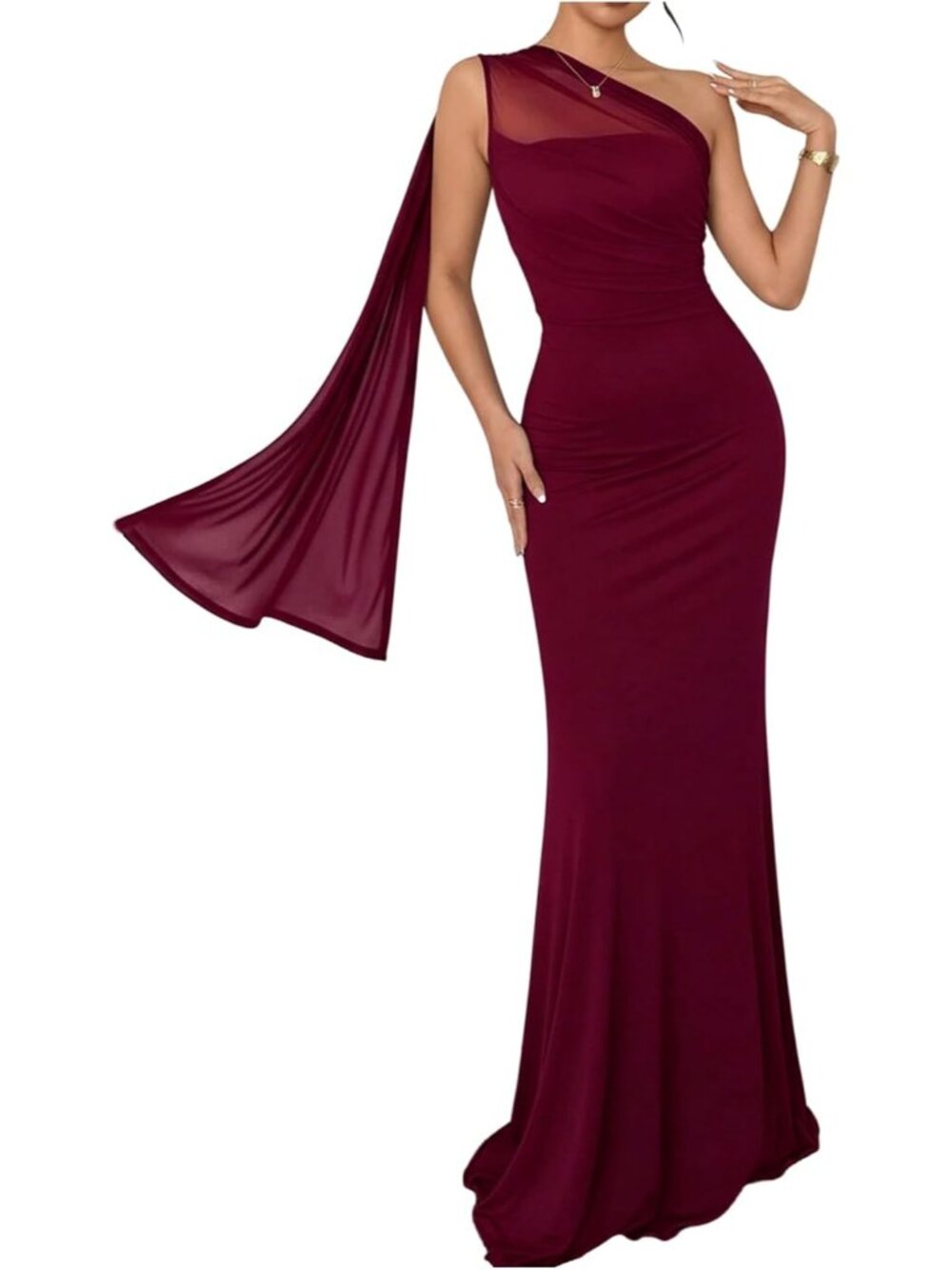 Women's Burgundy Off The Shoulder Mid Waist Mermaid Cocktail Maxi Dress